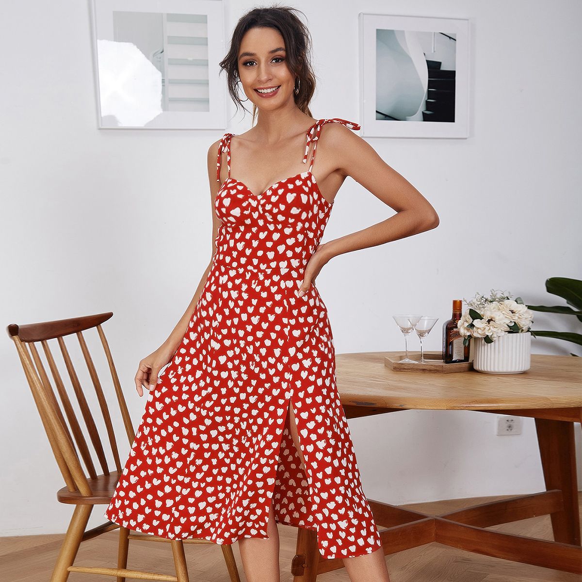 Summer Tie Strap  Sweet Heart Print Dress