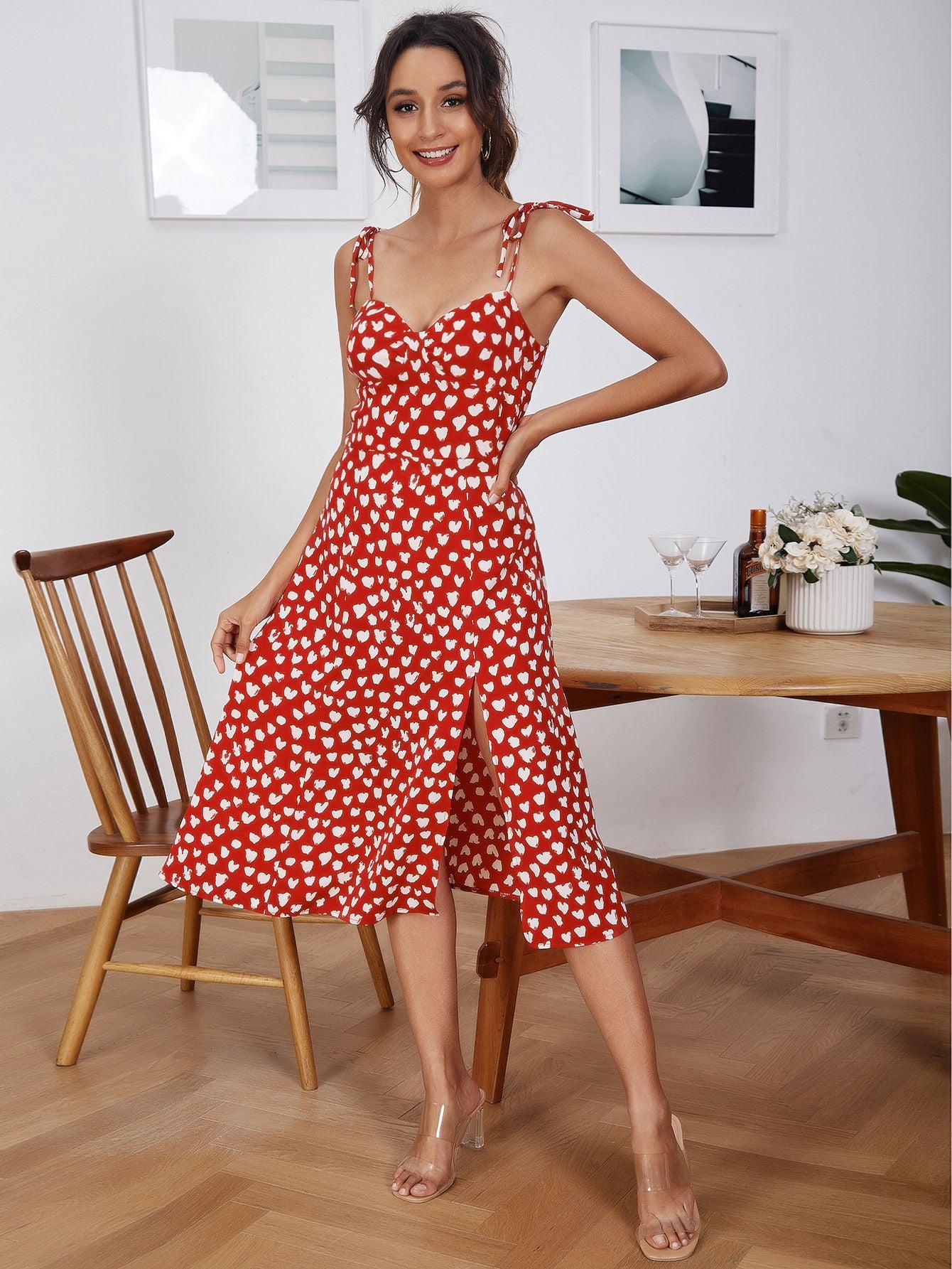 Summer Tie Strap  Sweet Heart Print Dress